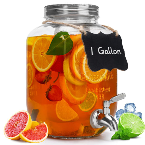 Goldfishwa one-gallon glass dispenser with lid for fresh beverages at parties
