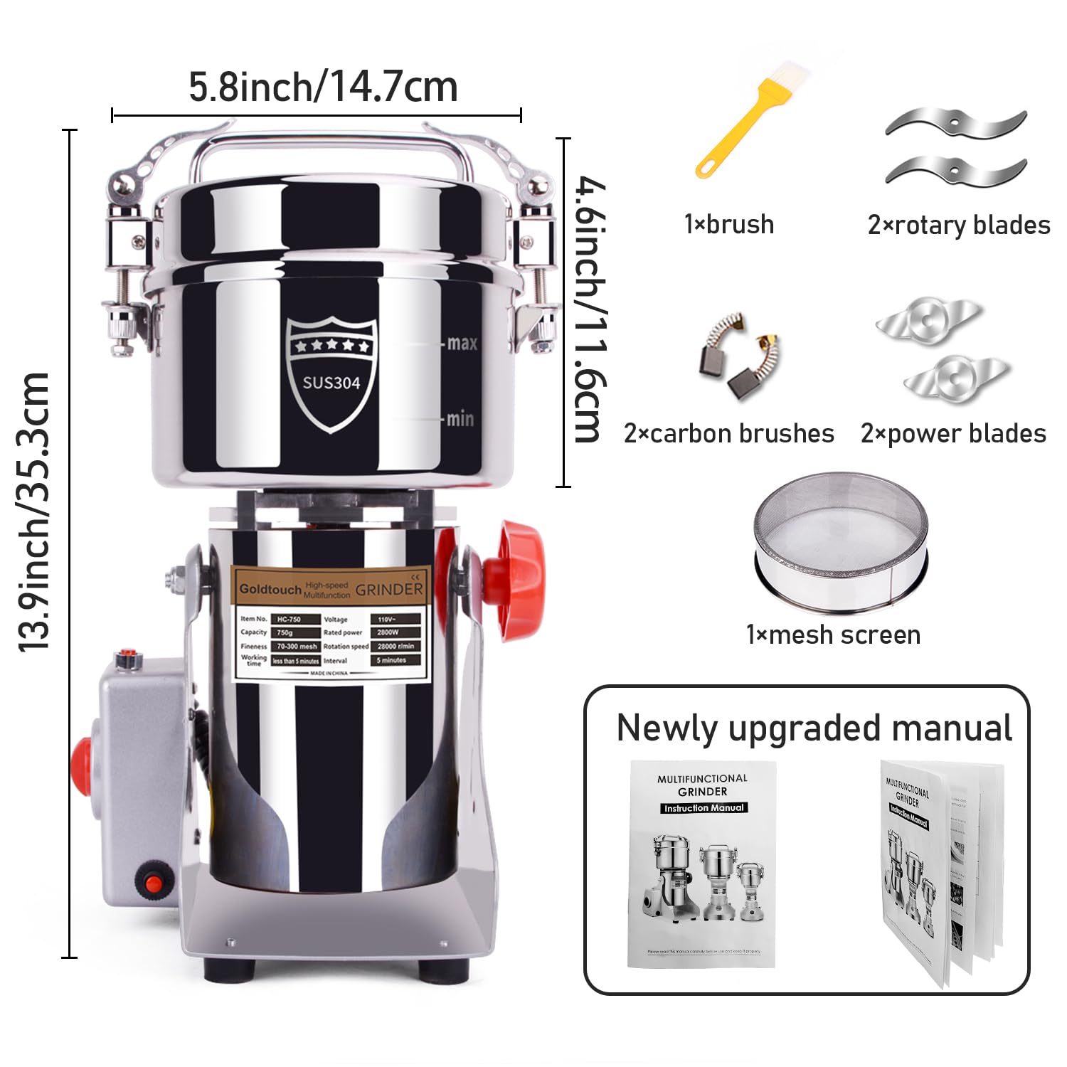 Goldtouch 750g grain mill with dry grains ready to grind