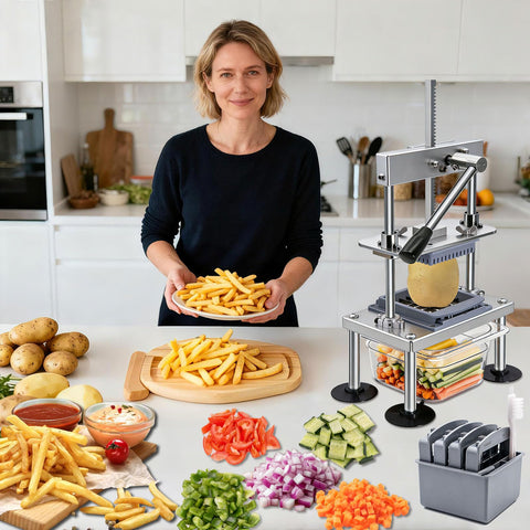 Goldtree French Fries Cutter on table demonstrates secure, stable chopping