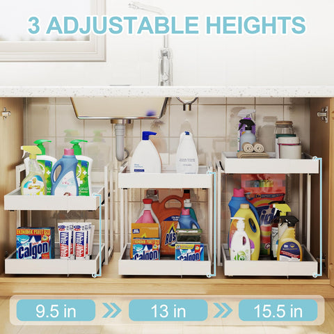 Golener 2-Tier pull-out drawer open for easy access to cookware and toiletries.
