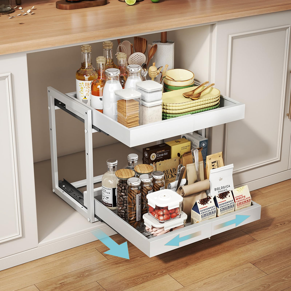 Golener 2-Tier expandable pull-out organizer front view with adjustable width for tight cabinets.
