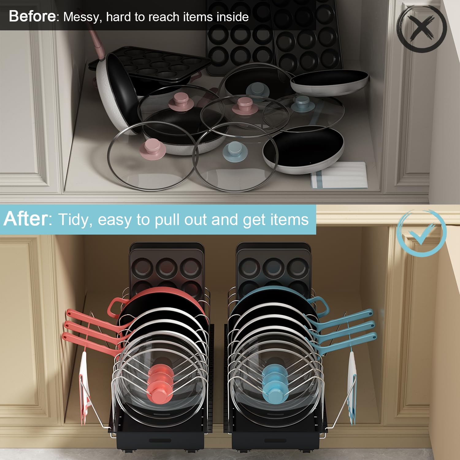 Golener space-saving solution for deep cookware in tight kitchen cabinets.