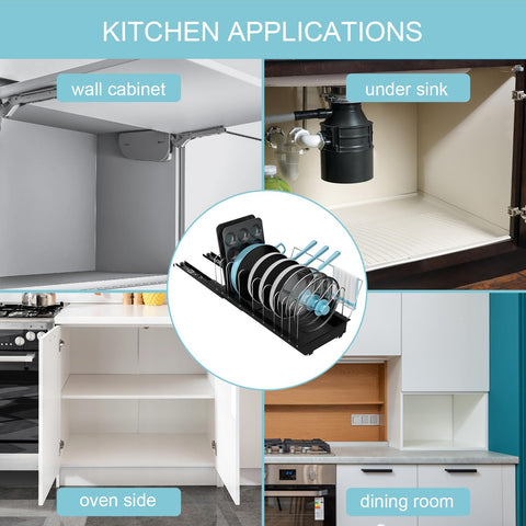 Golener sturdy cabinet organizer supports heavy lids and large cookware.