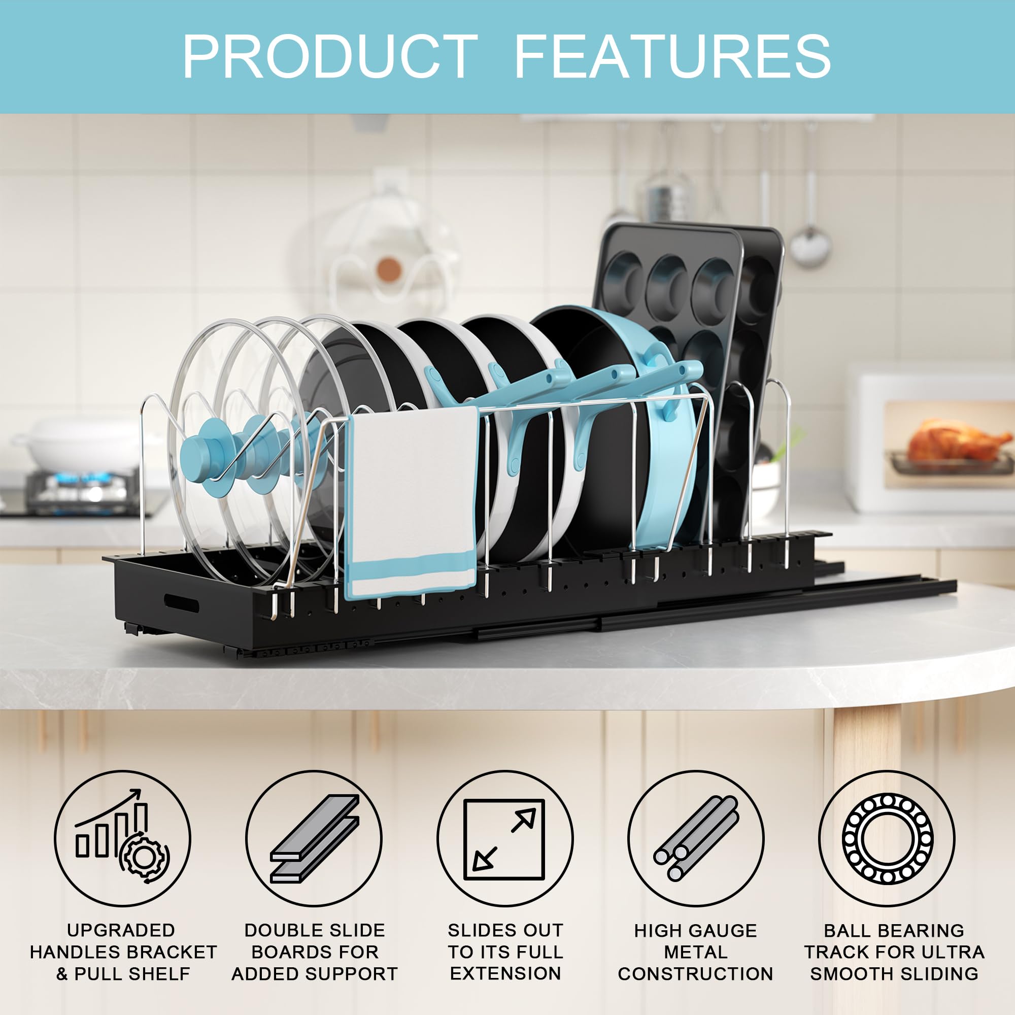 Golener ten adjustable dividers for a custom fit with cookware.