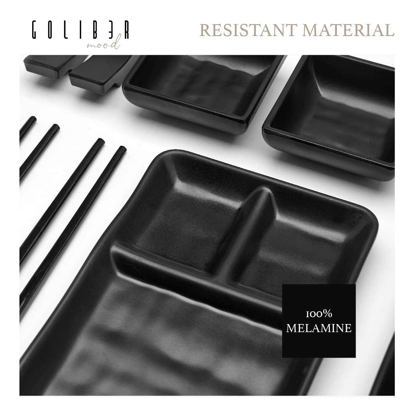 Black rectangular Goliber plates prevent sliding with recessed bottom