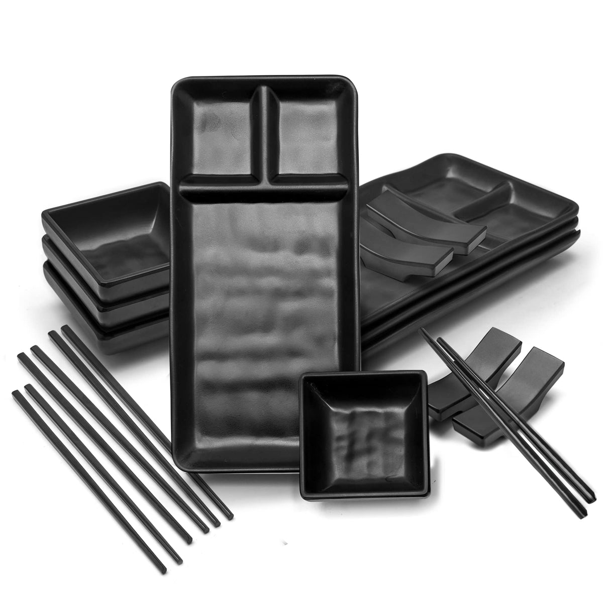 Goliber sushi serving plates with dual sauce compartments for controlled dipping