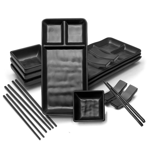 Goliber sushi serving plates with dual sauce compartments for controlled dipping