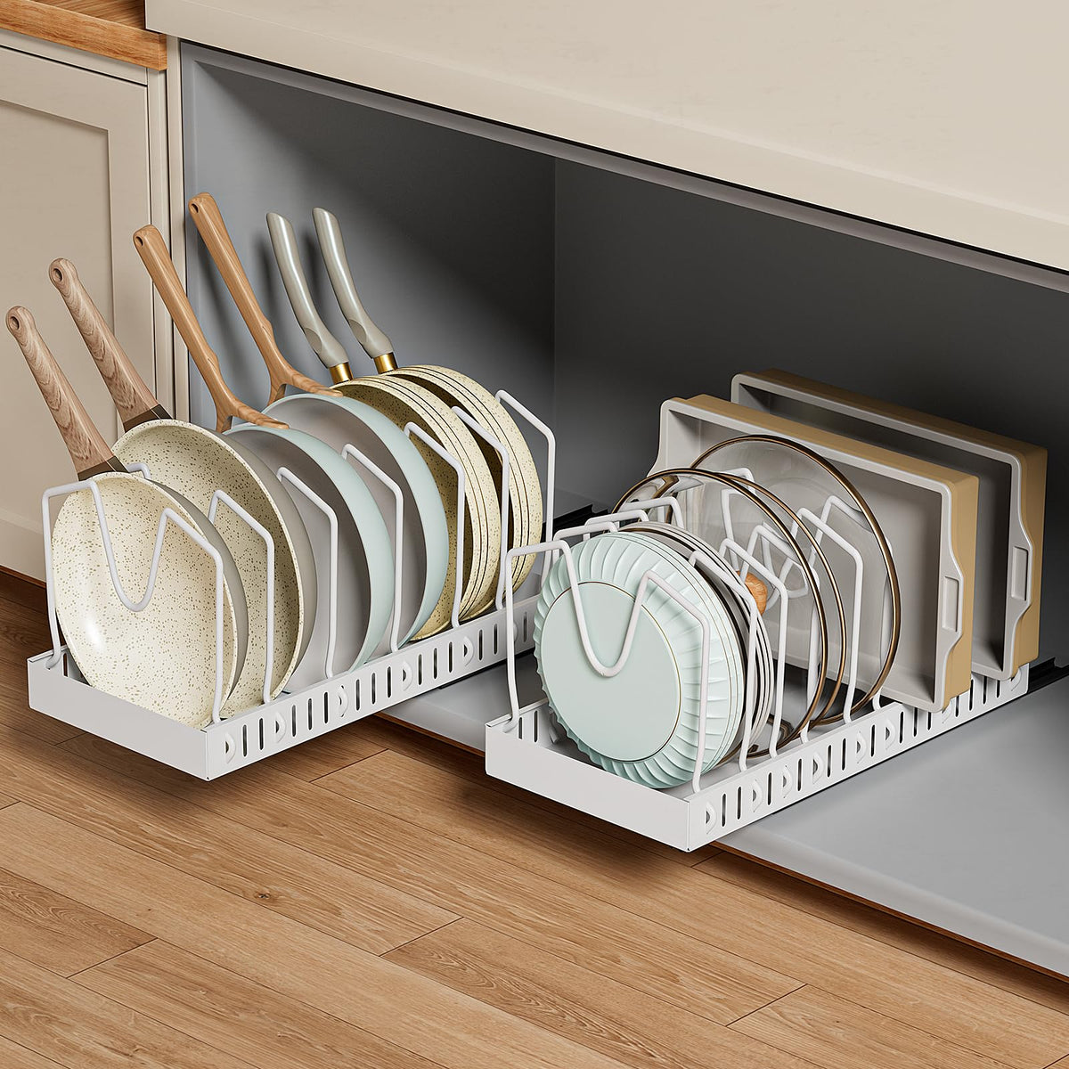 GoMaihe slide-out tray keeps pots accessible in deep cabinets.