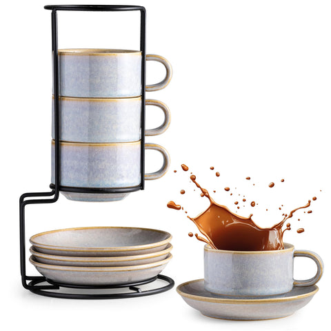 Gomakren 6oz cappuccino cups stacked in a metal rack for space-saving storage.