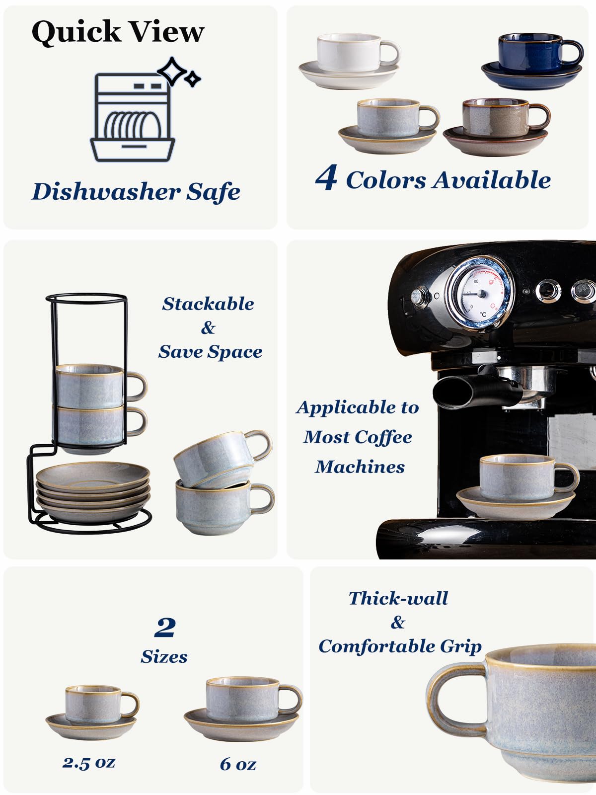 Gomakren cappuccino cups with saucers ready for elegant coffee service.