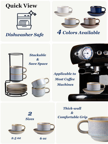 Gomakren cappuccino cups with saucers ready for elegant coffee service.
