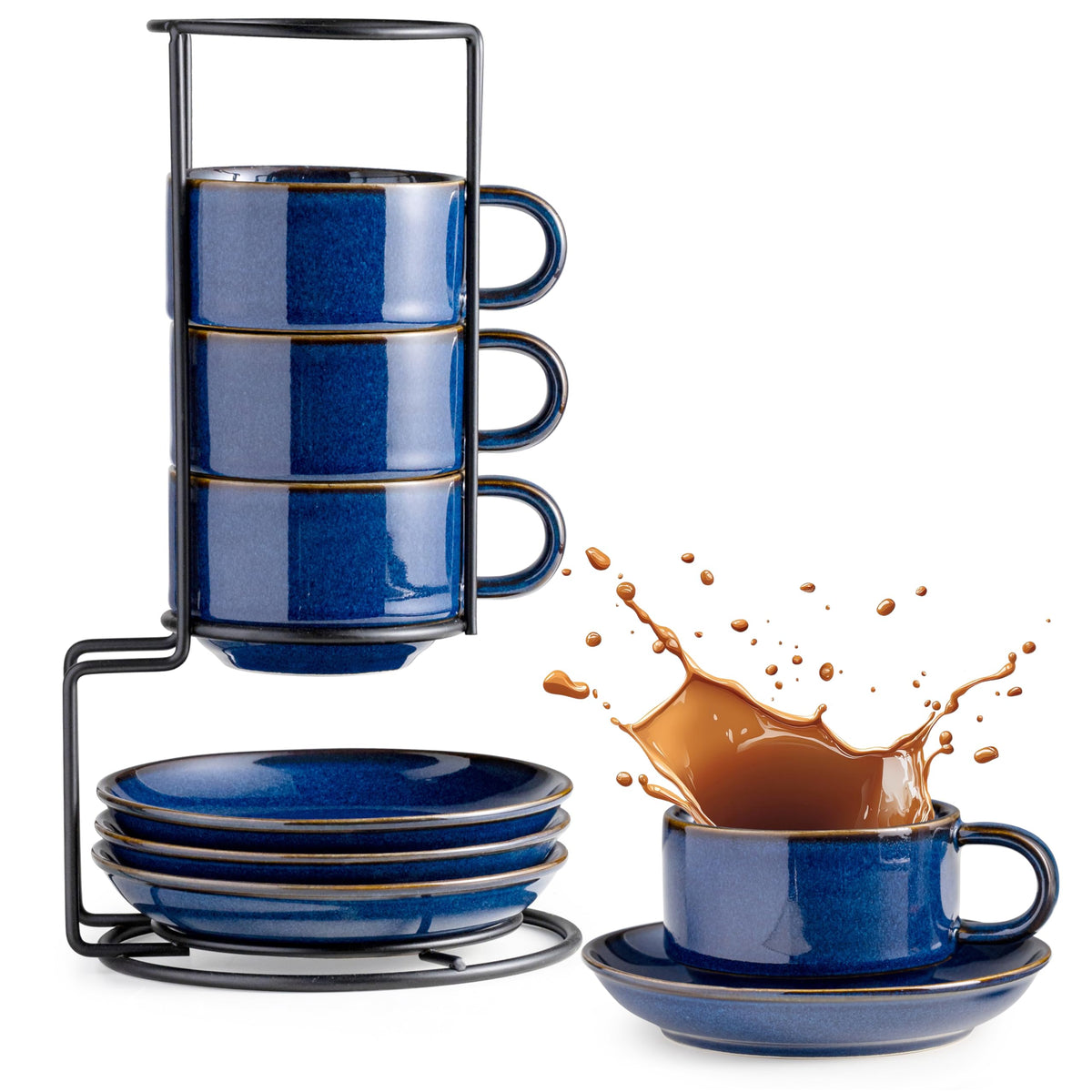 Gomakren cobalt blue 6oz cappuccino cups with saucers, elegant home coffee ritual.