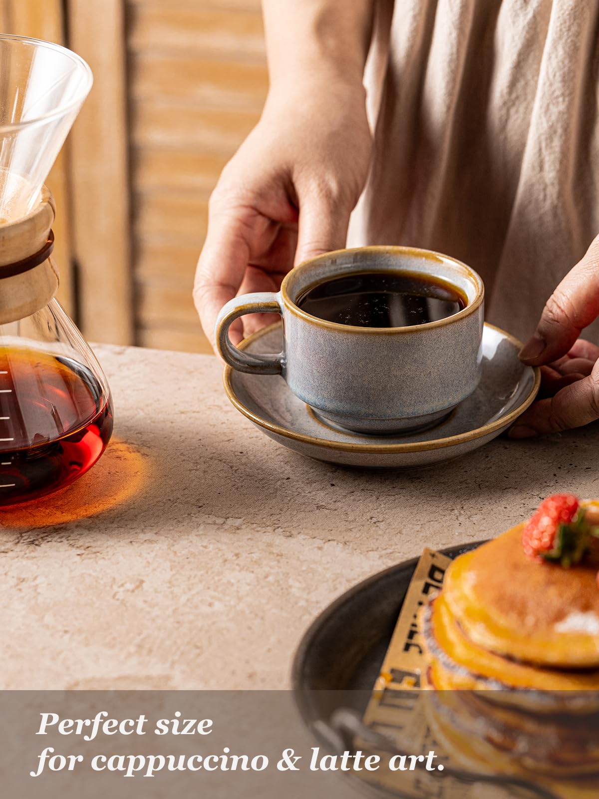 Gomakren 6oz cups pair with saucers for complete coffee service.