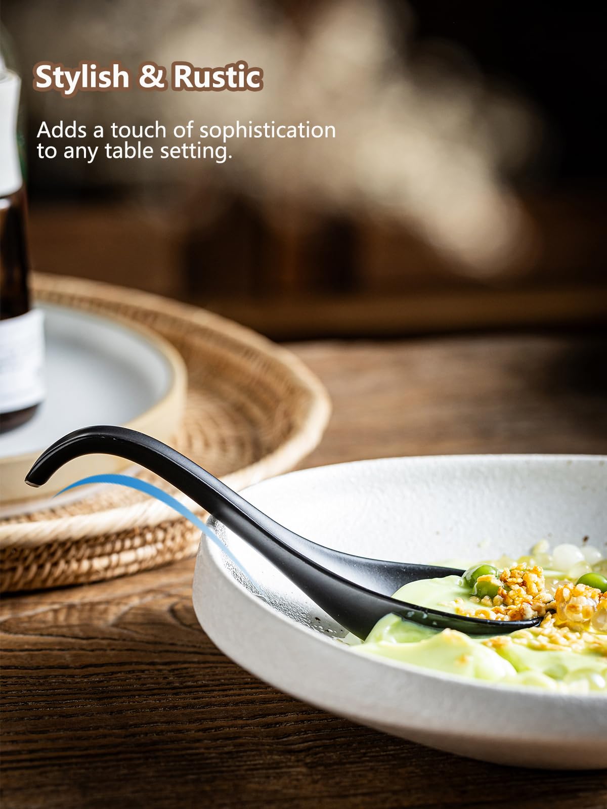 Gomakren long-handle spoon resting steadily on bowl edges