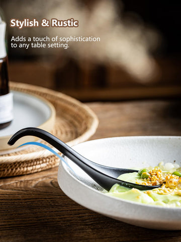 Gomakren long-handle spoon resting steadily on bowl edges