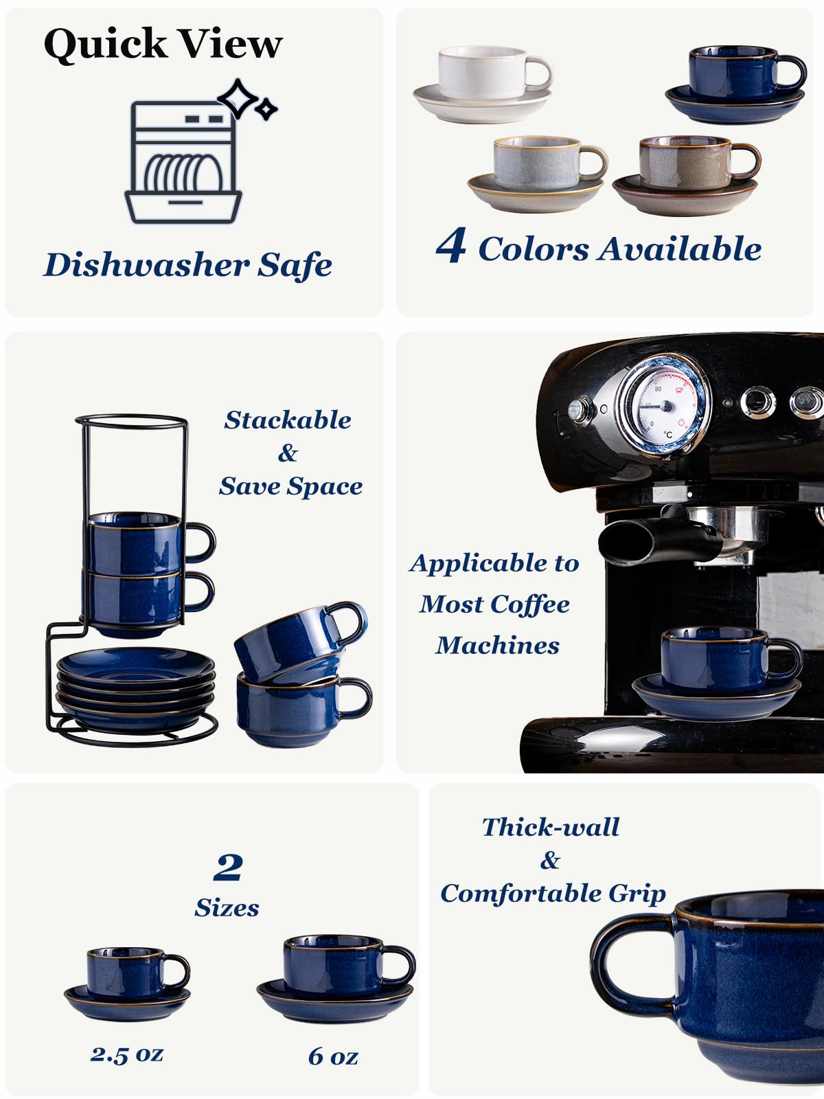 Gomakren porcelain 6oz cups show durable daily-use design.