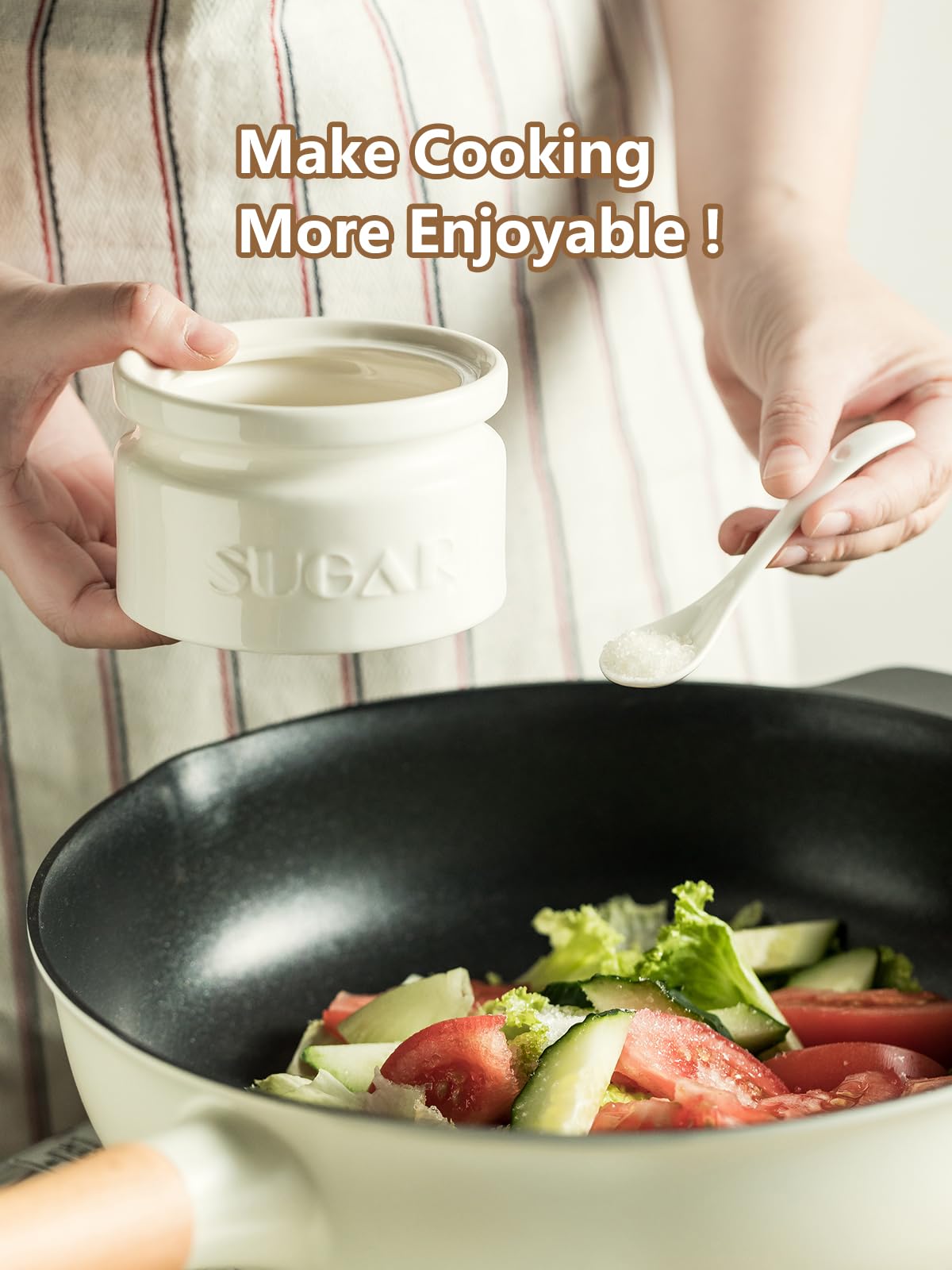 Gomakren embossed SUGAR sugar bowl shows durable labeling for easy identification.
