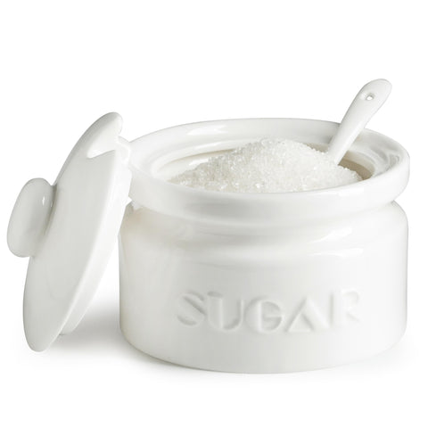Gomakren sugar bowl with lid and spoon on a coffee bar keeps sugar fresh and dust-free.