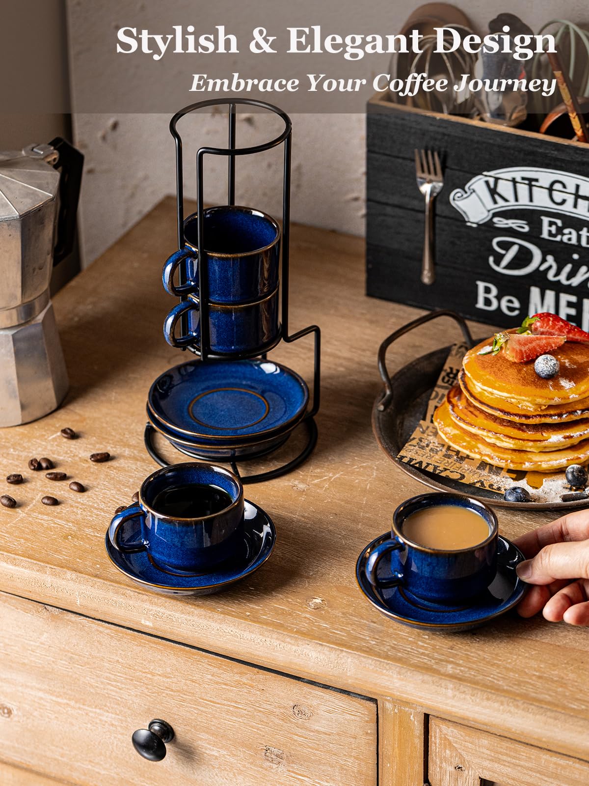 Thick-wall Gomakren porcelain cups keep espresso warm longer.