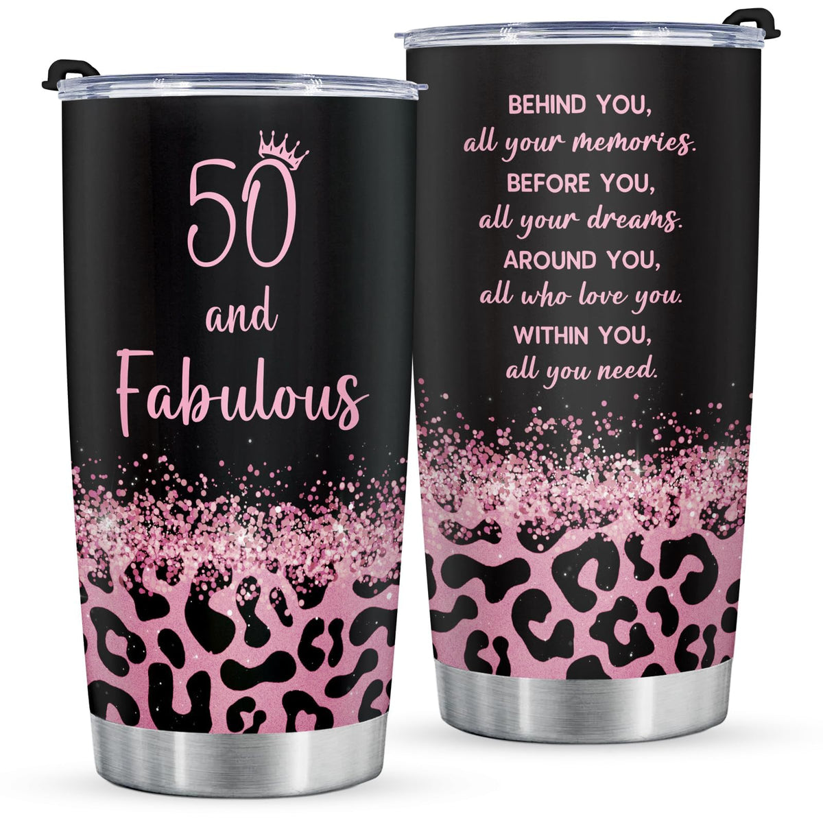GoMelley leopard-print 50th tumbler for on-the-go hydration.