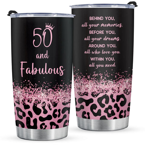 GoMelley leopard-print 50th tumbler for on-the-go hydration.