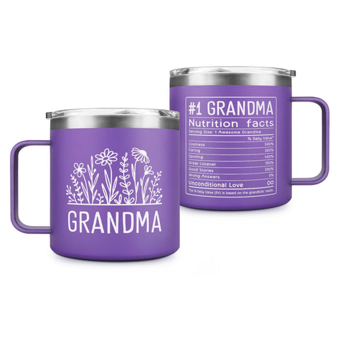 GoMelley grandma mug 14oz with nutrition facts for daily coffee rituals.