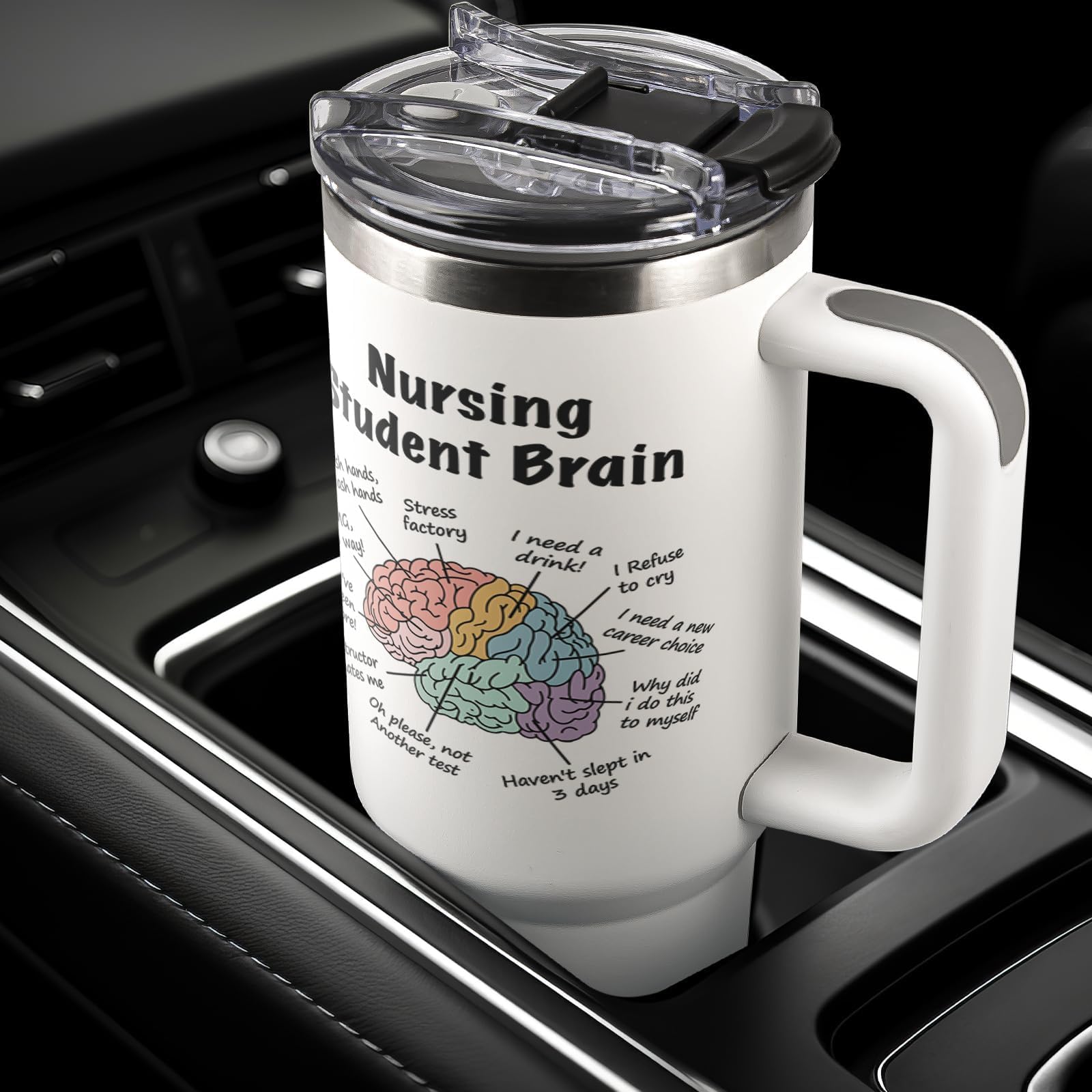 GoMelley nursing student tumbler fits most car cup holders for easy transport.