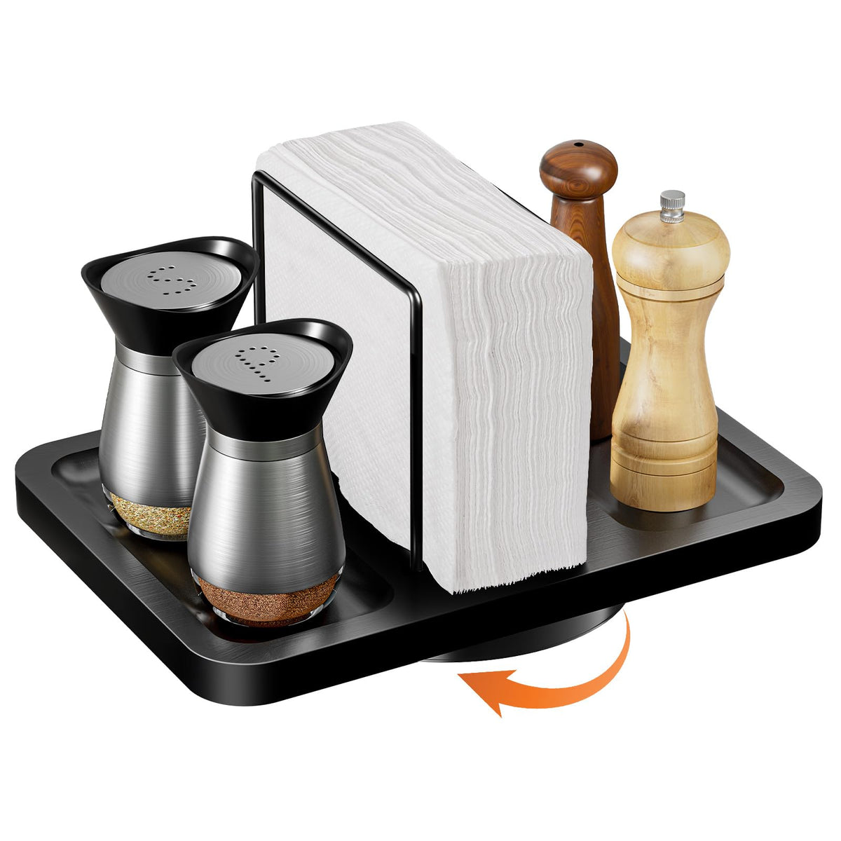 Gomyrod rotating napkin holder on table offers easy 360° napkin access.