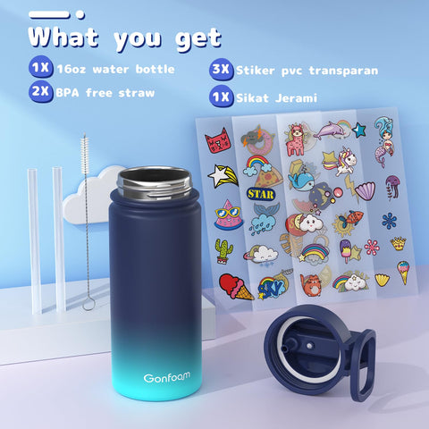 Kids applying waterproof stickers to a Gonfoam bottle for personalization.