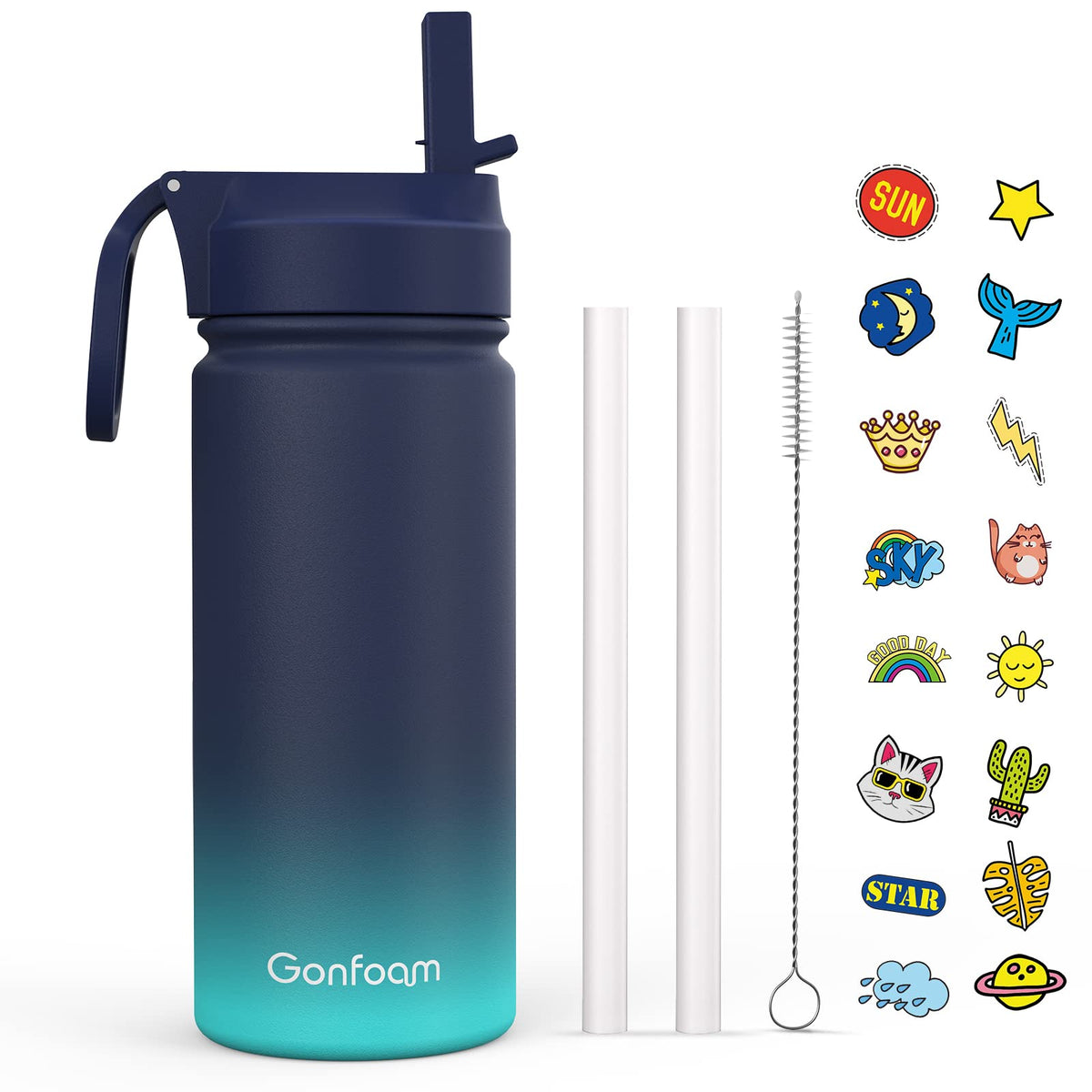 Gonfoam navy kids water bottle with straw and lid for safe sipping on the go.