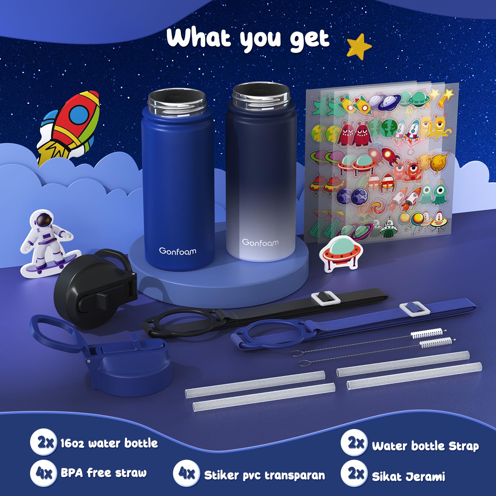 Gonfoam kids water bottle sapphire gray side view showing two-tone design for easy identification