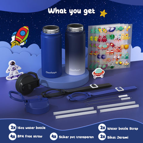 Gonfoam kids water bottle sapphire gray side view showing two-tone design for easy identification