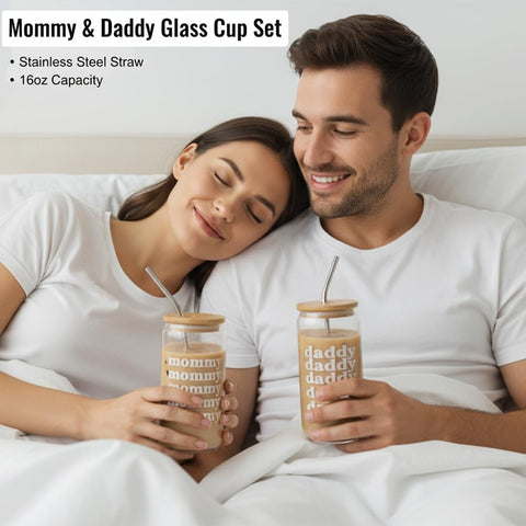 GONGHUAN glass cups for Mommy and Daddy with sustainable lids for toasts.
