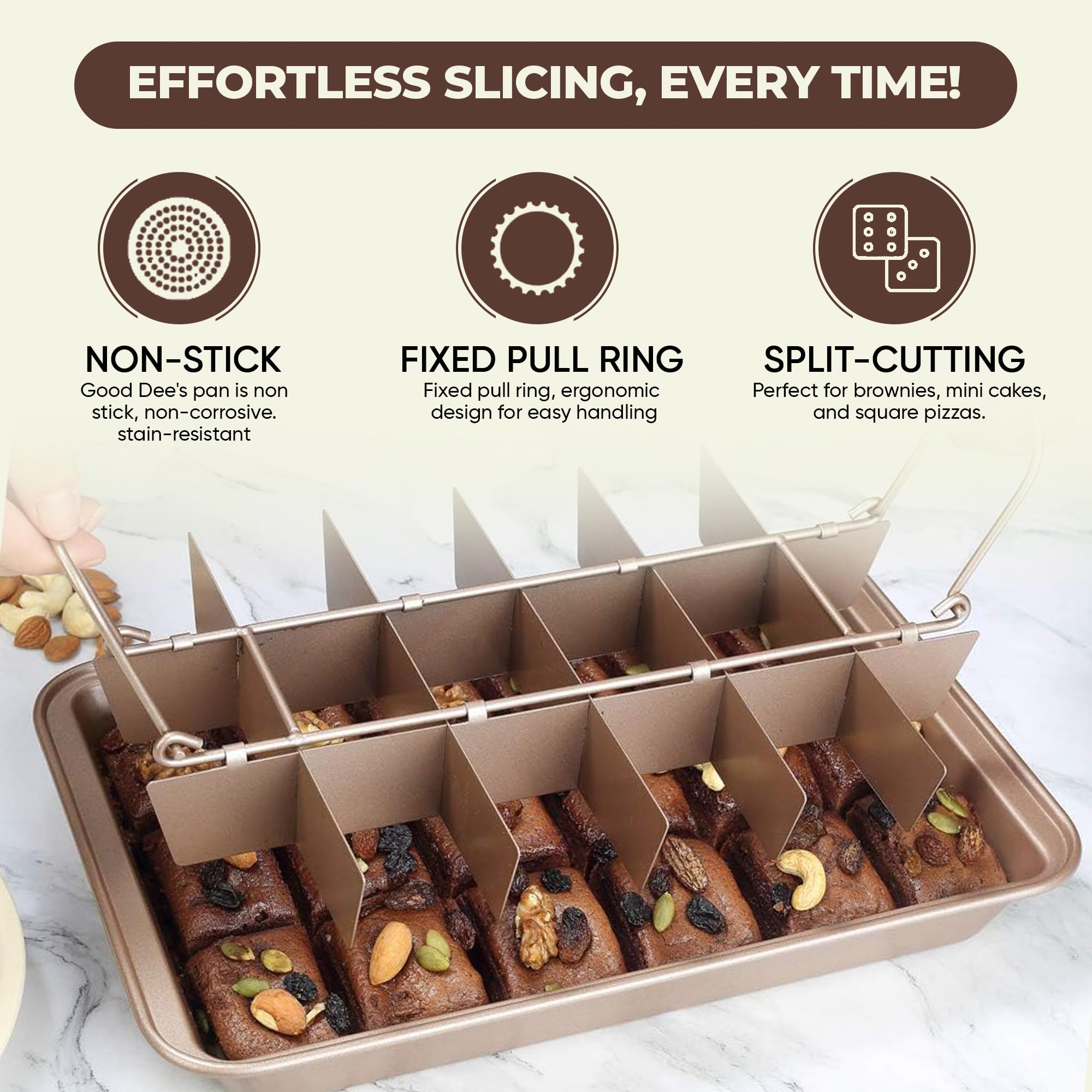 Good Dee's brownie pan allows topping customization on each piece.