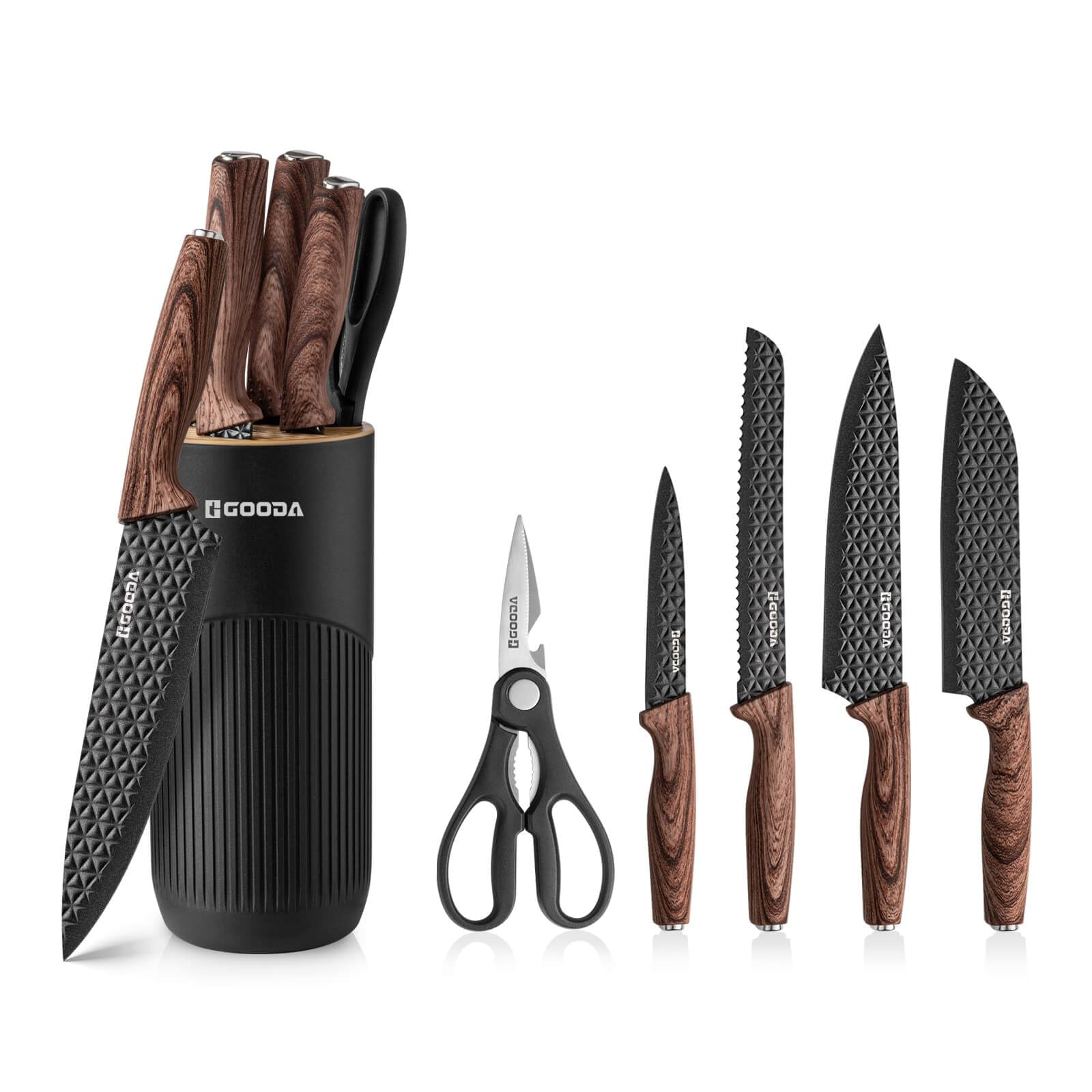 GOODA kitchen knife block with a gleaming blade set highlights organized storage and accessibility.