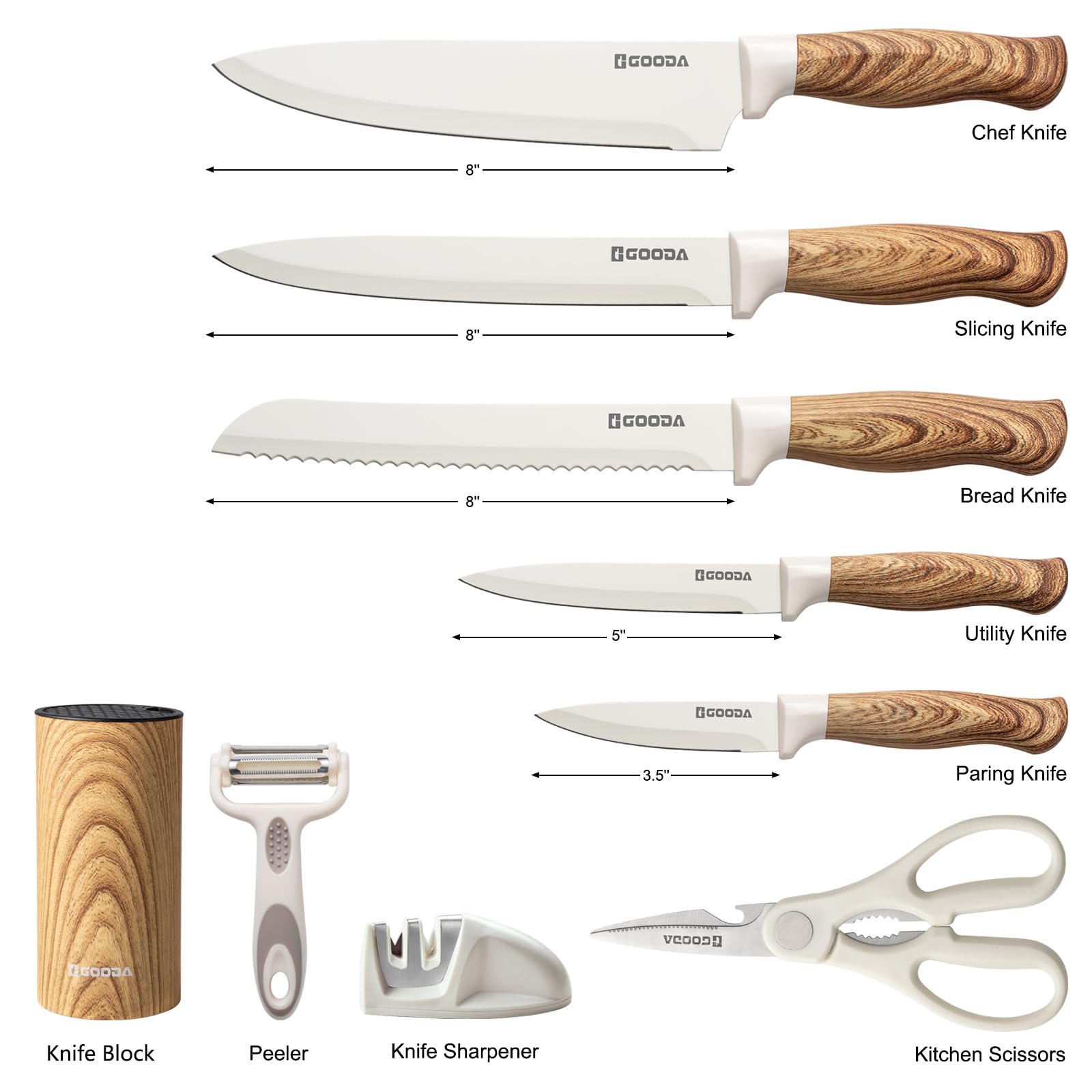 GOODA knife block set sharpener included for easy edge maintenance.