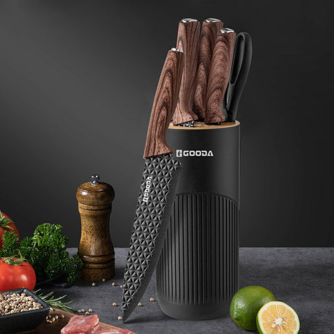 GOODA knife block with six blades displayed for organized kitchen storage.