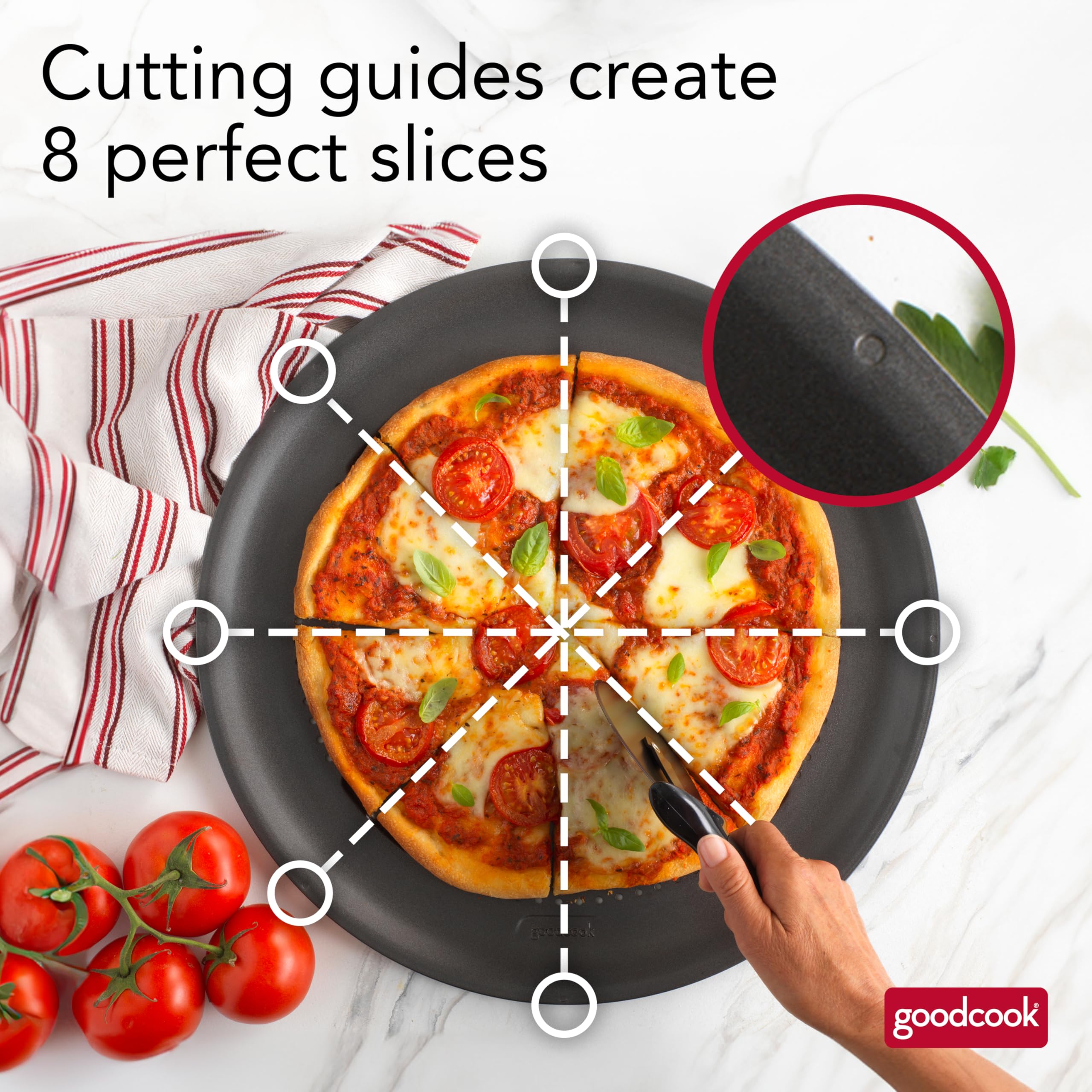 GoodCook AirPerfect large 16-inch diameter fits family-size pizzas.