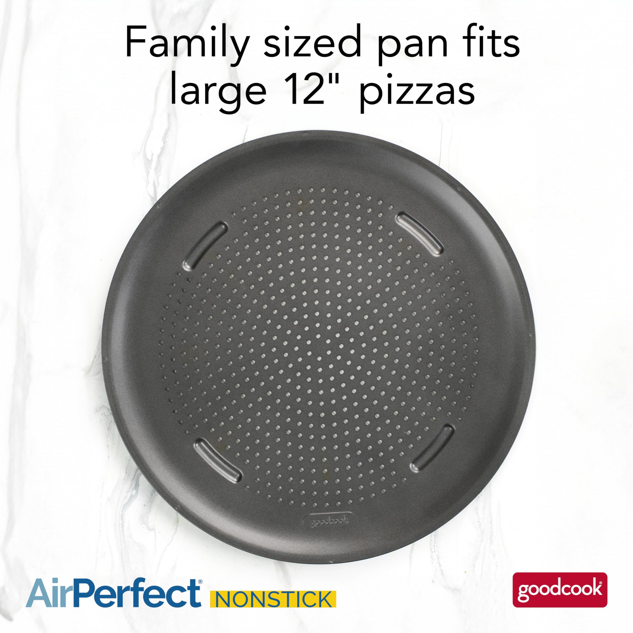 GoodCook AirPerfect pan with perforated edge for moisture reduction and crisper results.