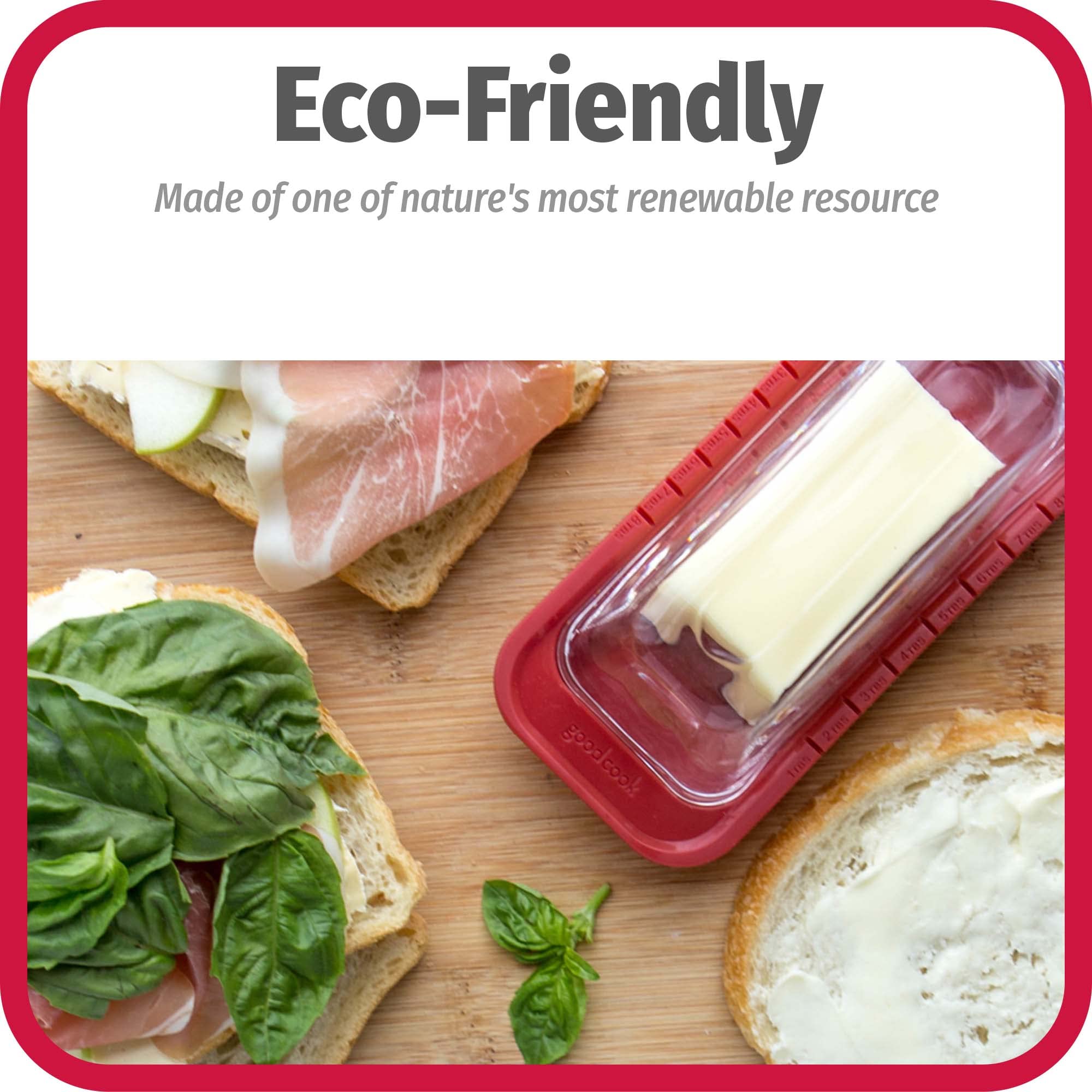 Hand-wash-only GoodCook bamboo board preserves finish between uses.