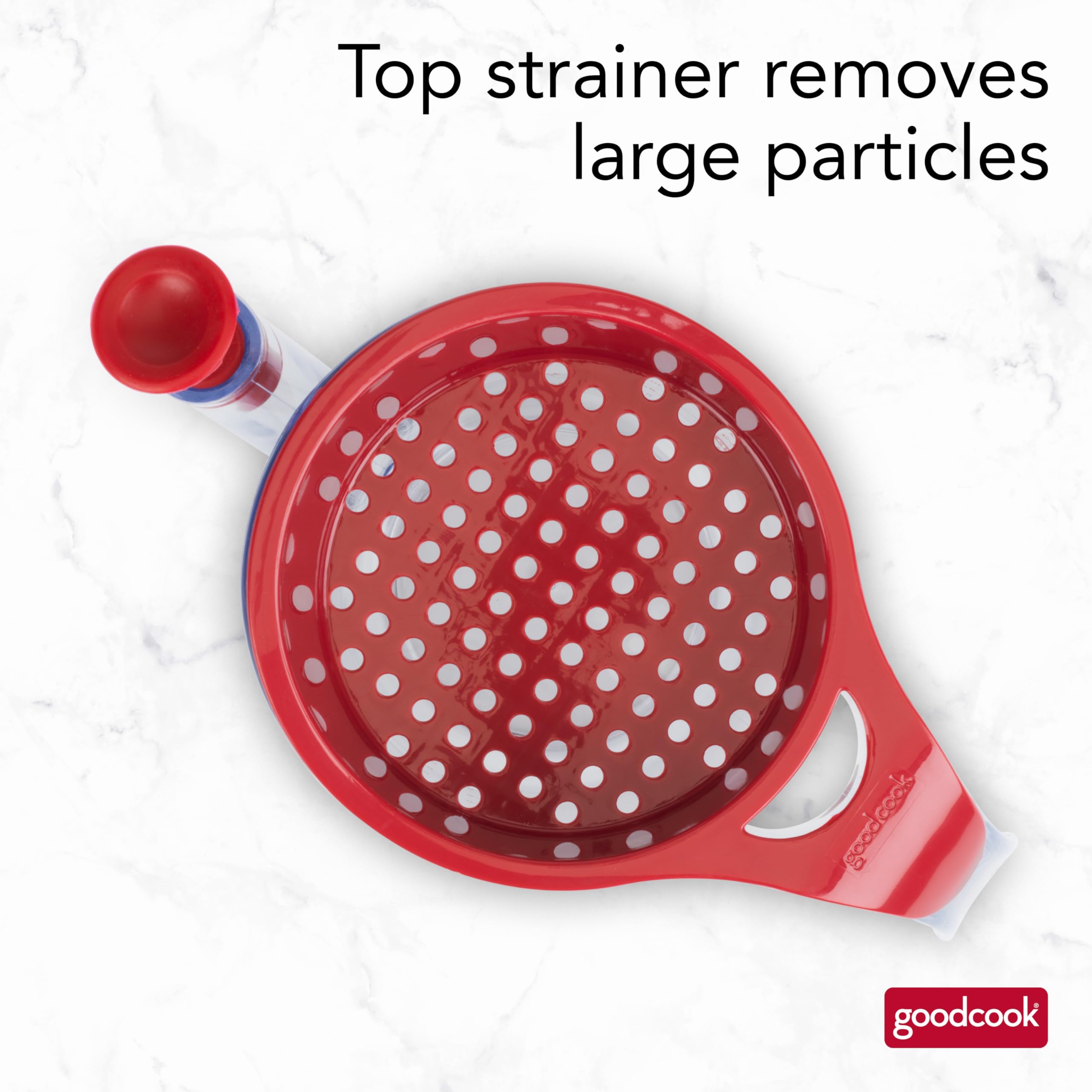 GoodCook removable strainer traps solids for clear stocks.