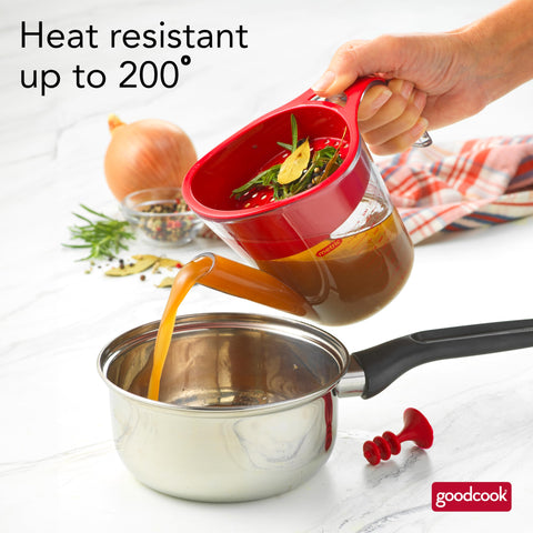 GoodCook silicone stopper creates airtight seal to prevent fat flow.