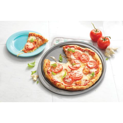 GoodCook 12-inch steel pizza pan safe for use with metal utensils.