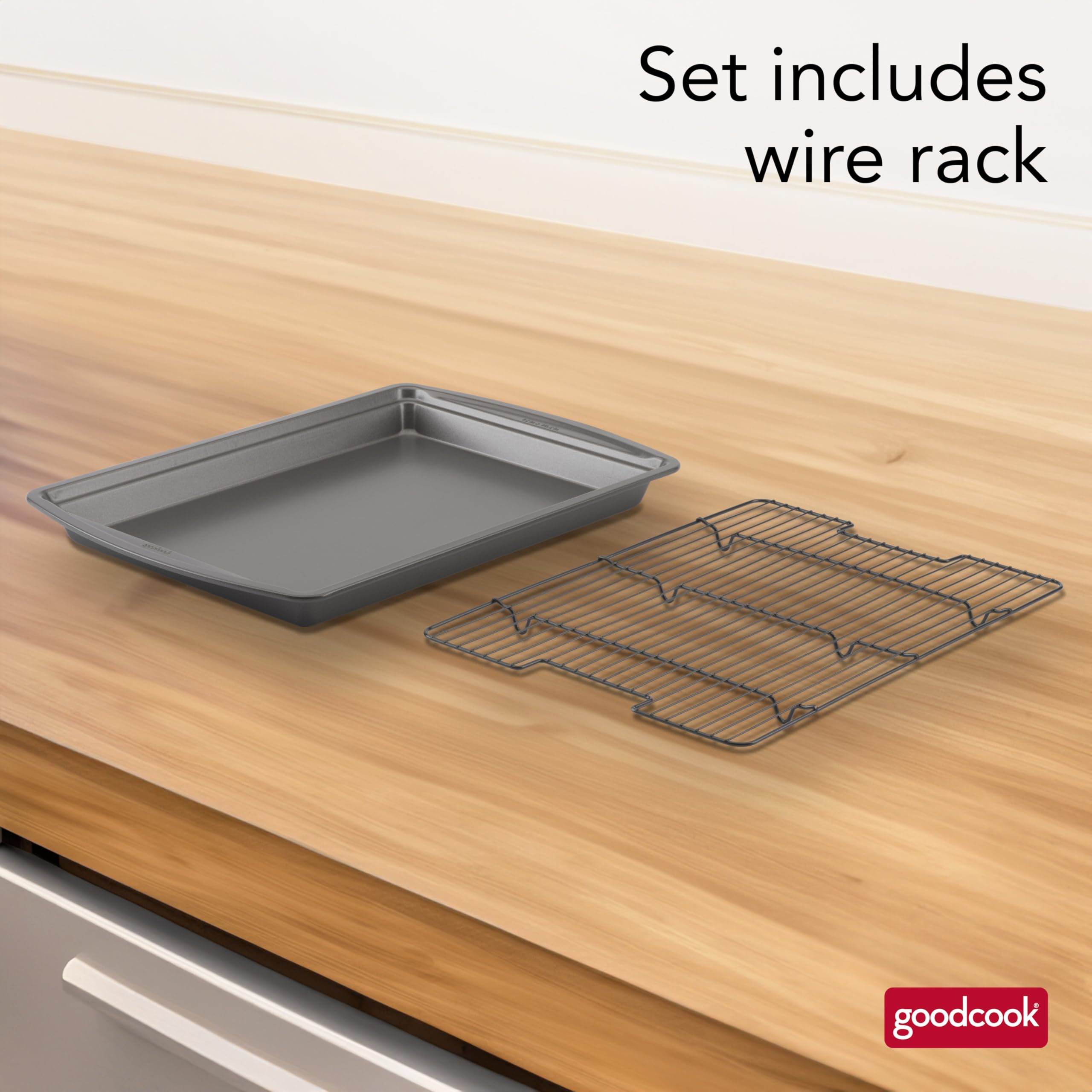 GoodCook raised wire rack lifts foods for even browning and draining fats.