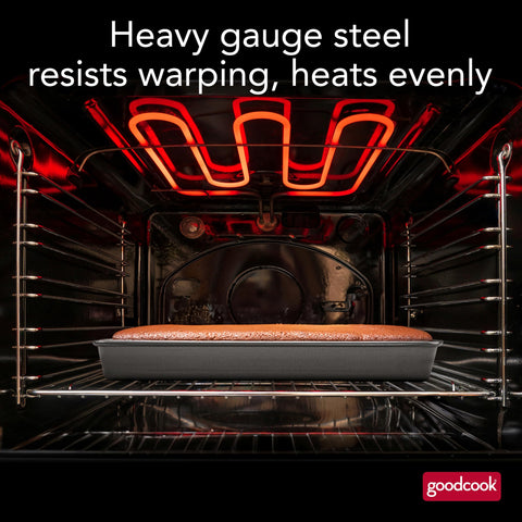 GoodCook versatile pan suitable for cake, brownies, cornbread, and biscuits.