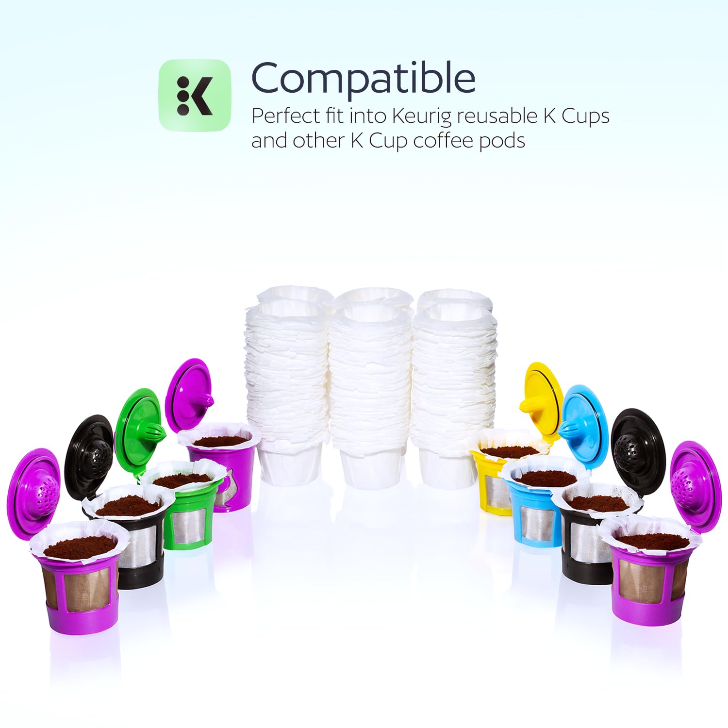 GoodCups disposable K-Cup filters in a pack for convenient refills after each brew.