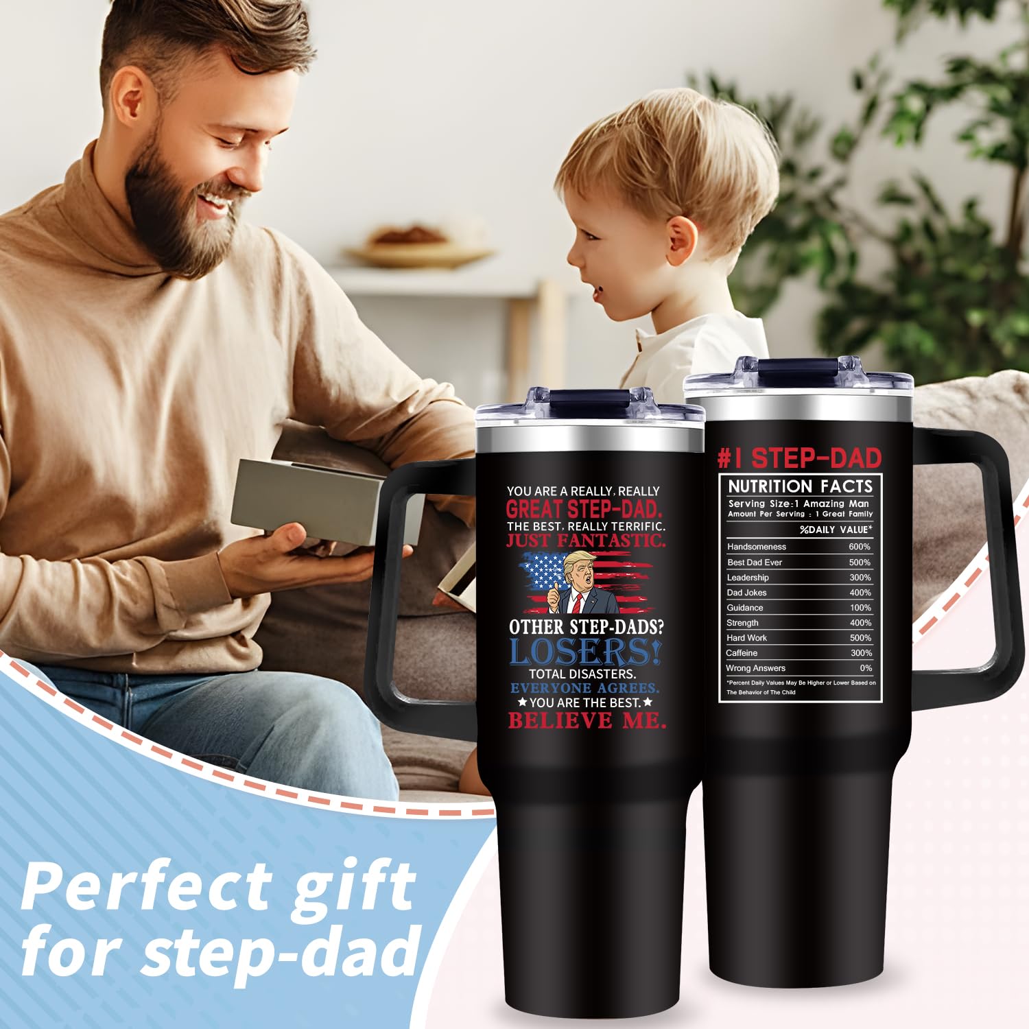 Gooddooes 40oz Stepdad tumbler fits most cup holders for easy transport.