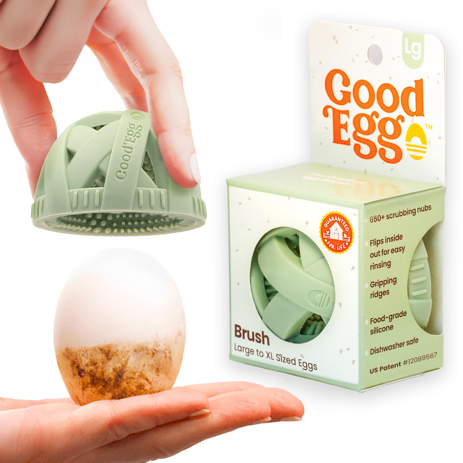 GoodEgg The Original Egg Brush close-up shows silicone nubs for gentle egg cleaning.