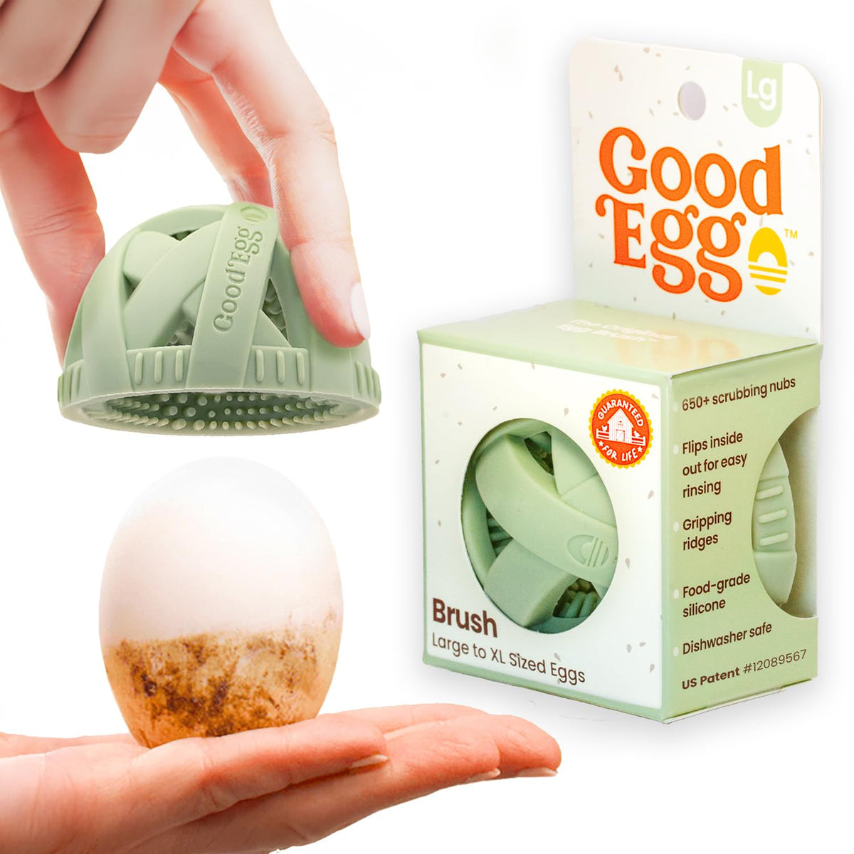 GoodEgg The Original Egg Brush close-up shows silicone nubs for gentle egg cleaning.
