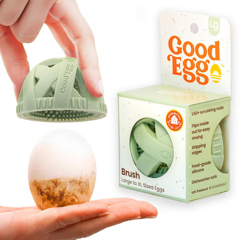 GoodEgg The Original Egg Brush close-up shows silicone nubs for gentle egg cleaning.